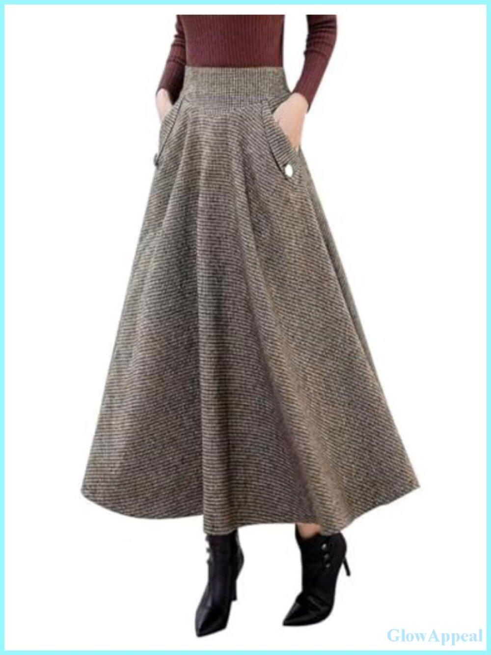 Wool Blend Plaid A-Line Long Skirt High Waist Elastic Flared Hem